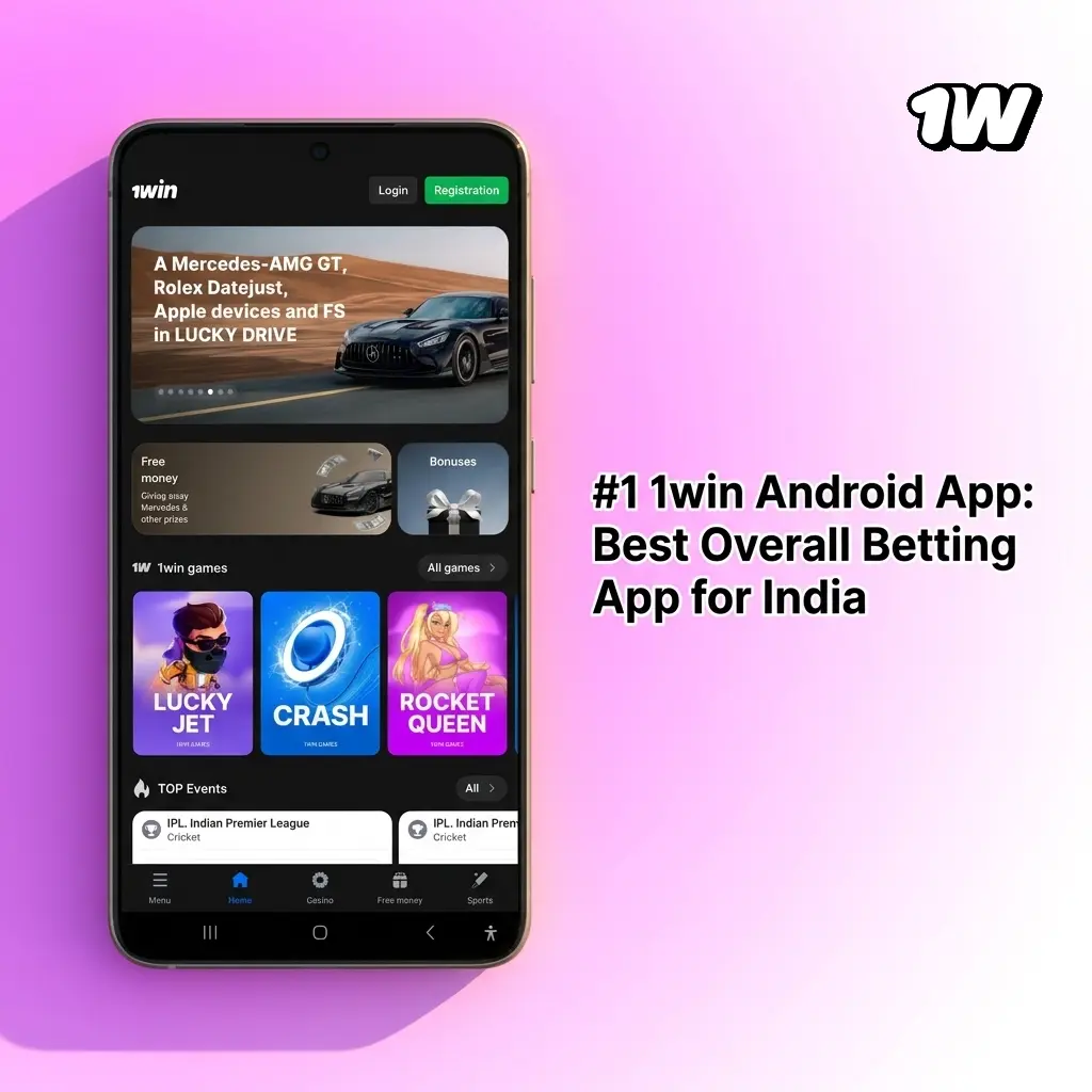 1win Android app interface showing betting options, IPL lobby, and welcome bonus details for Indian users