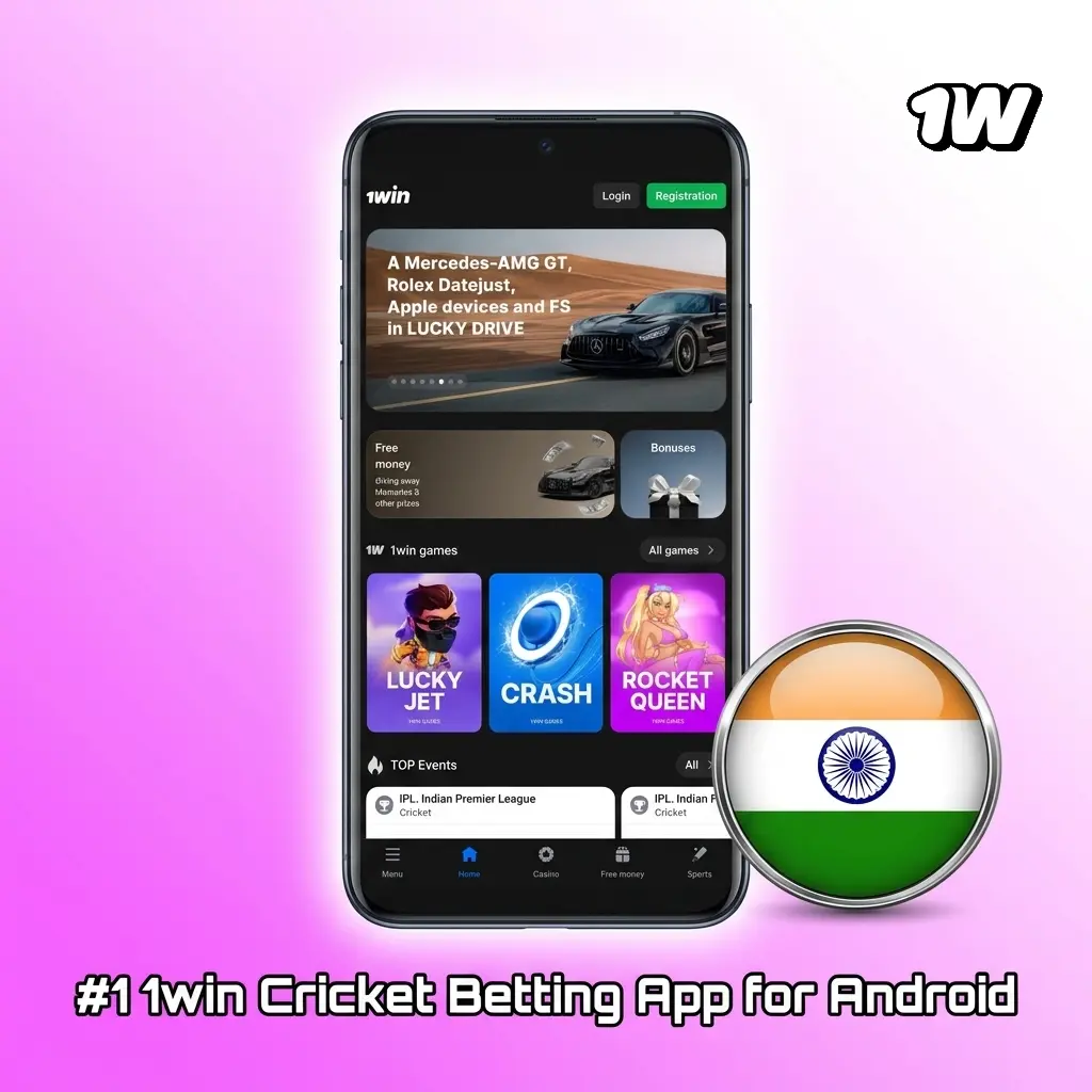 1win Cricket betting app for Android showing welcome bonus of 500% up to 180,000 INR with UPI and PayTM support