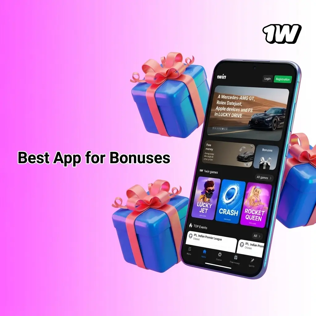 1win app showing 500% welcome bonus up to 1,80,000 INR with push notifications for mobile exclusive offers