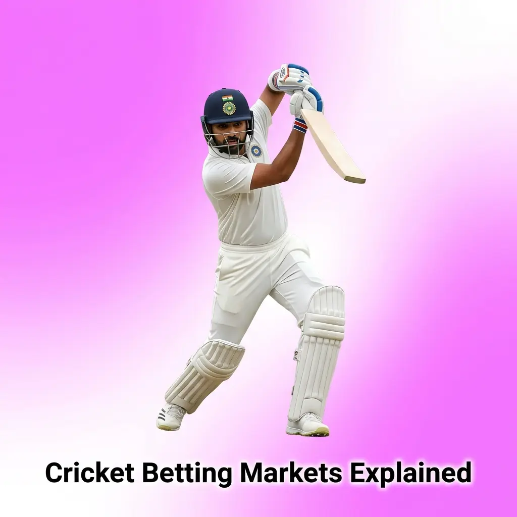Cricket betting markets explained showing match winner odds, top batsman props, total runs, and in-play wicket markets