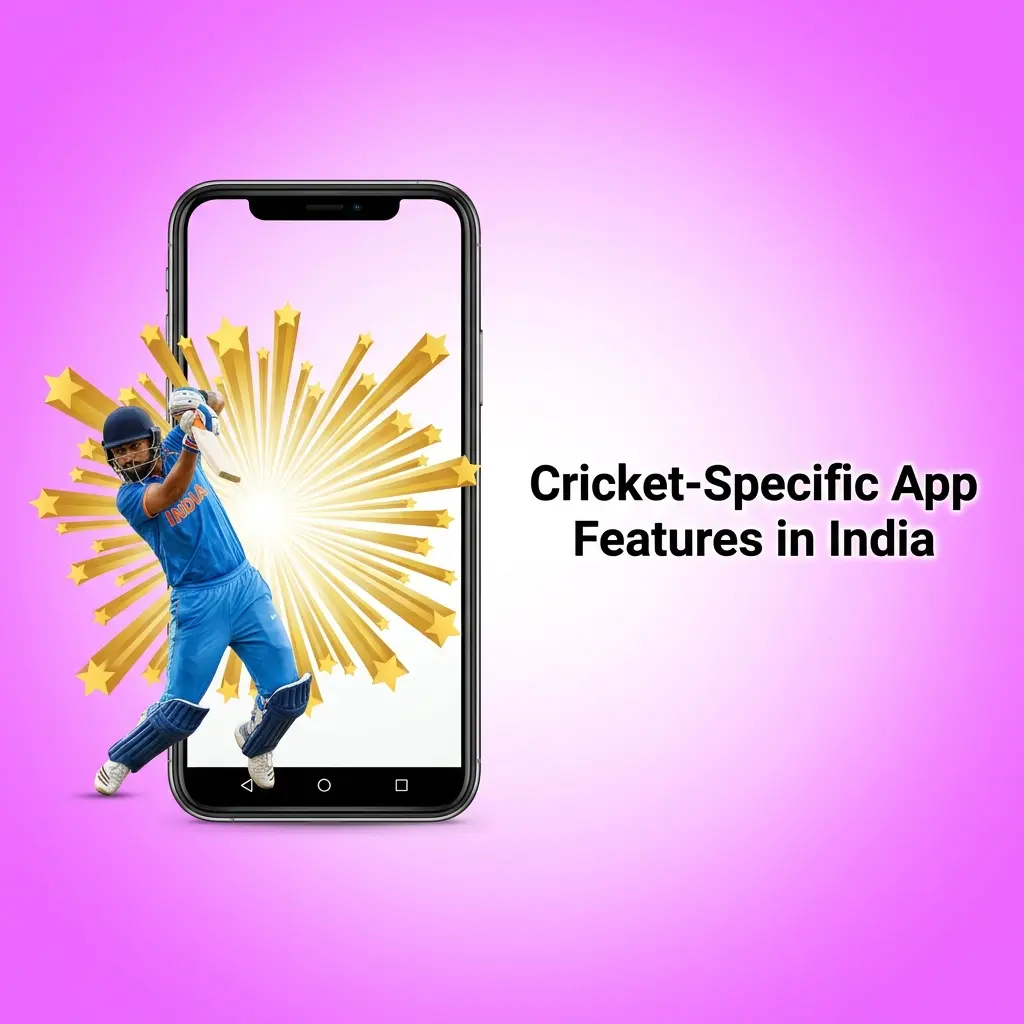 Cricket-specific app features including ball-by-ball markets, IPL betting sections, live streaming, and DLS alerts for Indian bettors
