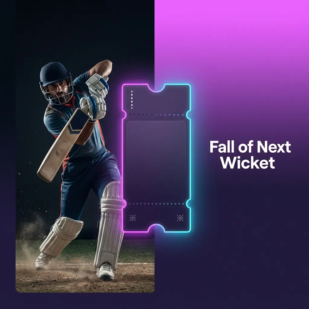 Cricket betting market showing fall of next wicket odds with runs range and partnership stats for IPL 2026