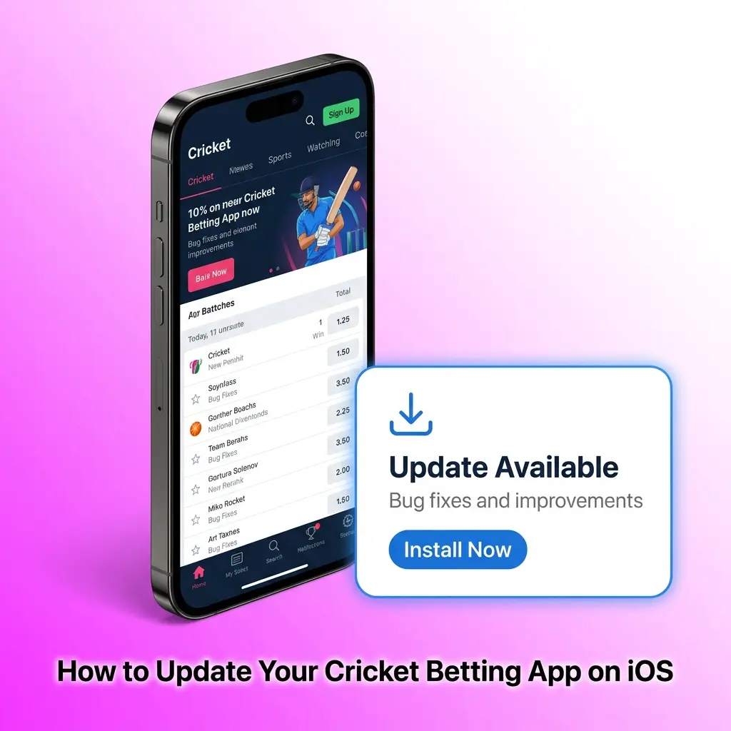 iPhone screen showing cricket betting app update process in App Store and Safari PWA settings on iOS