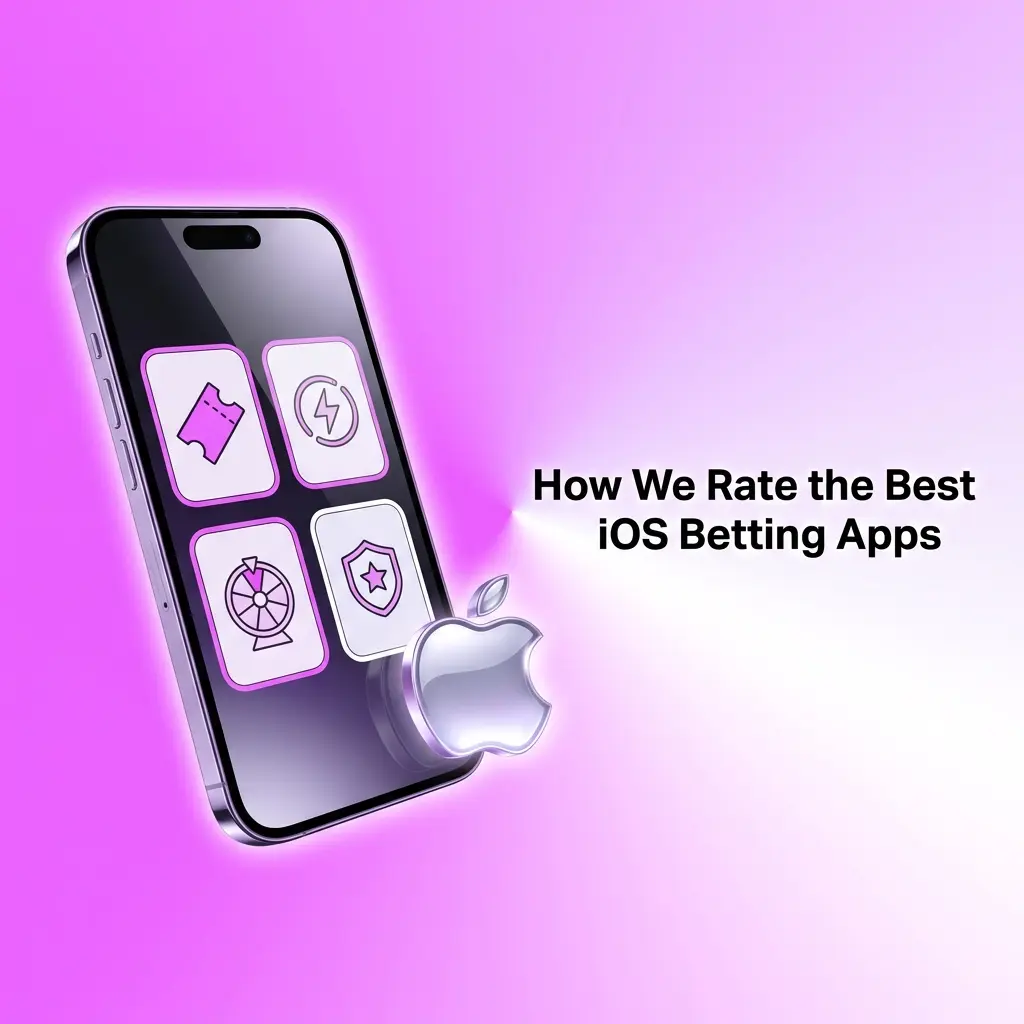 iPhone showing iOS betting app evaluation criteria including Face ID, Apple Pay, UPI, and live streaming tests