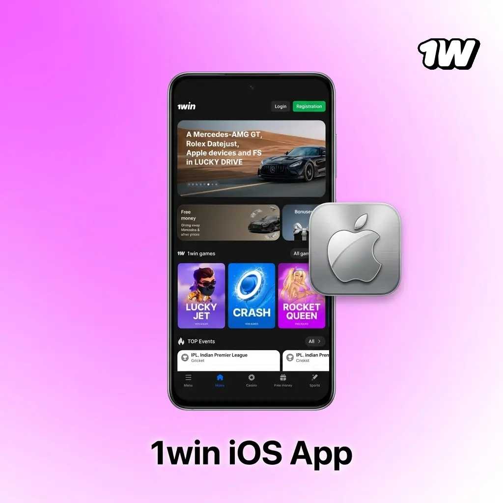 1win iOS app interface on iPhone showing sports betting and casino features, compatible with iOS 12.0 and above
