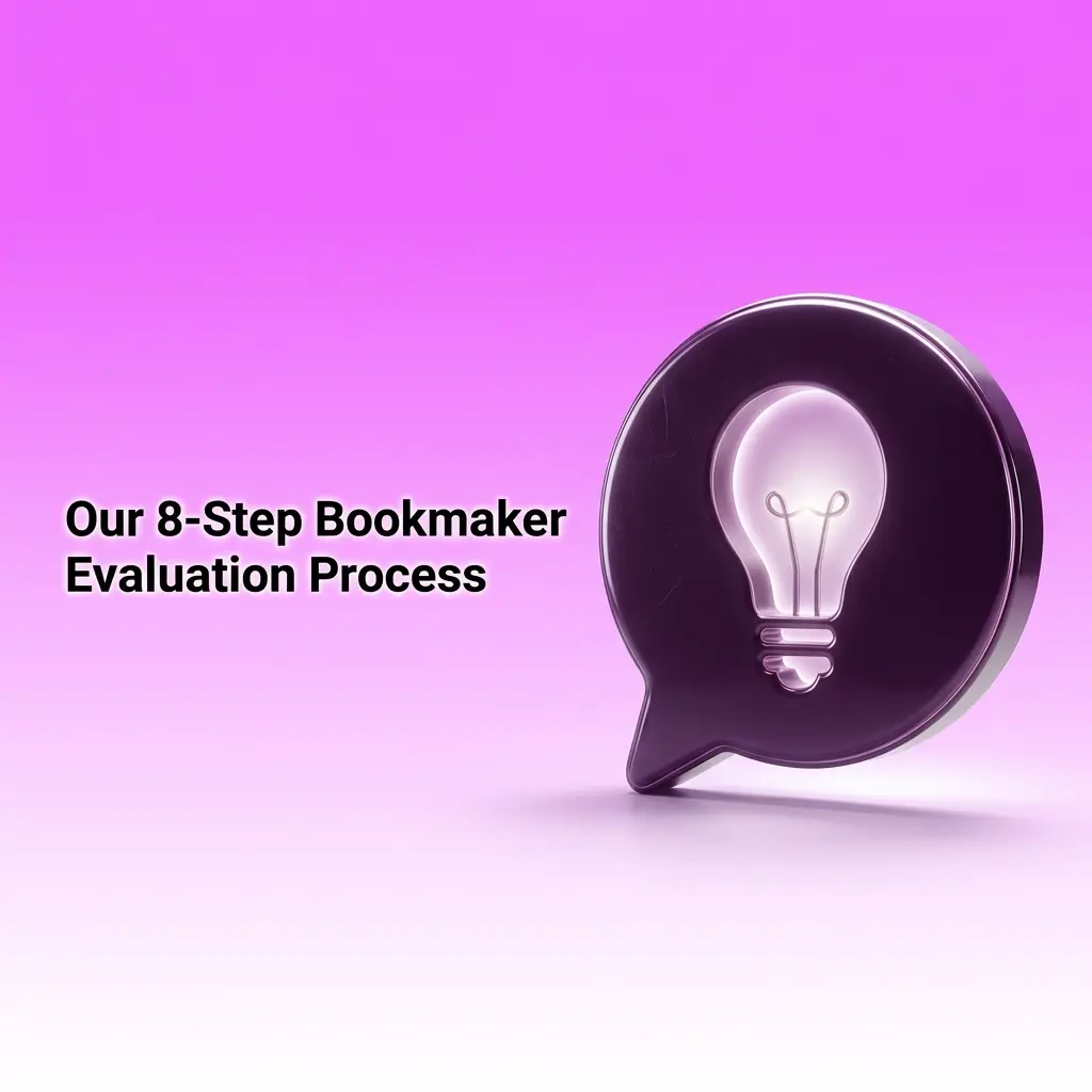 8-step bookmaker evaluation process covering licensing, odds, bonuses, payments, platform, support, live betting, and responsible gambling