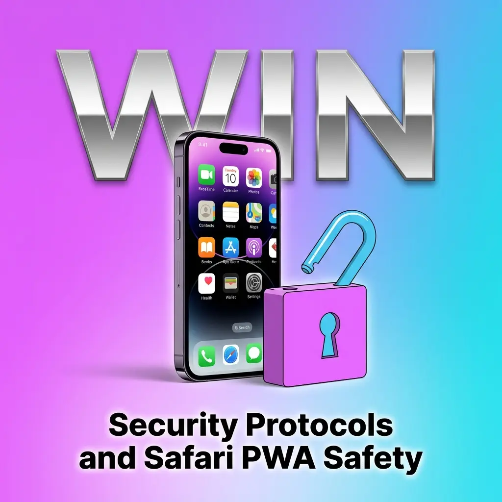 Safari PWA security features showing SSL encryption, Face ID authentication, and iCloud Keychain protection for iOS betting apps