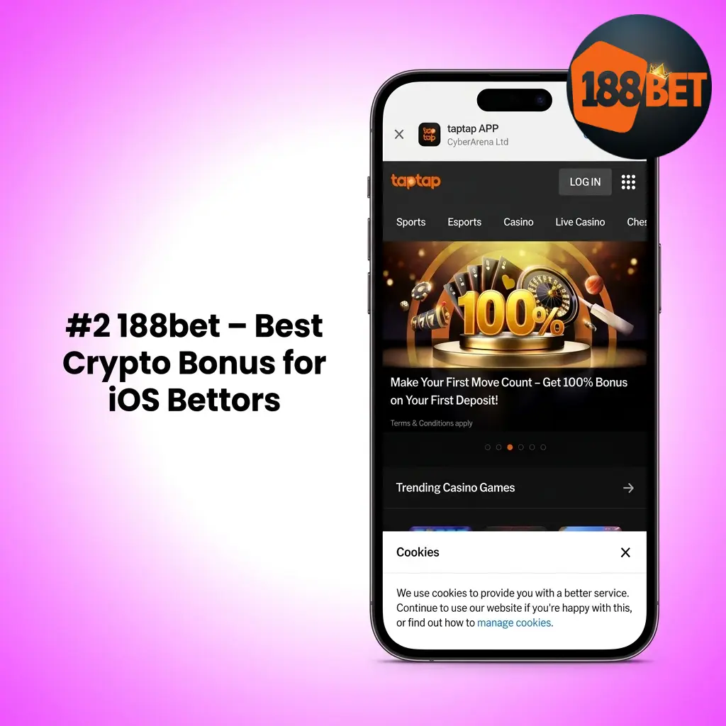 188bet iOS PWA app interface showing crypto welcome bonus of 100% up to 1M μBTC for Indian bettors
