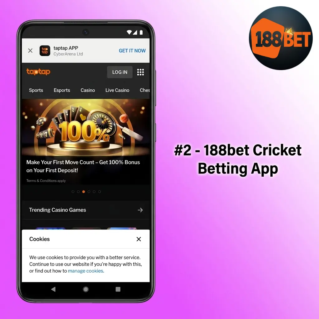 188bet cricket betting app interface showing Test Cricket session markets and UPI deposit flow for Indian bettors