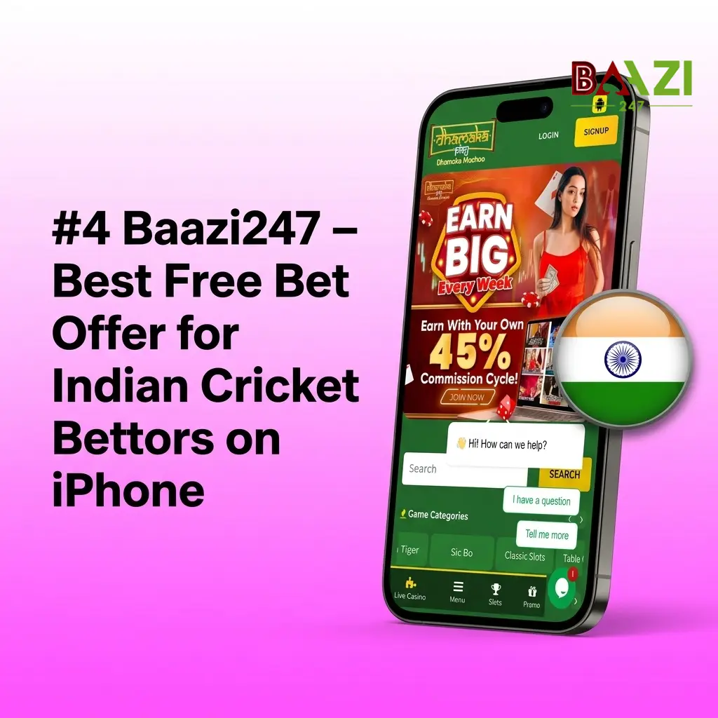 Baazi247 iPhone PWA showing 1000 INR free bet offer for Indian cricket betting with Google Pay support