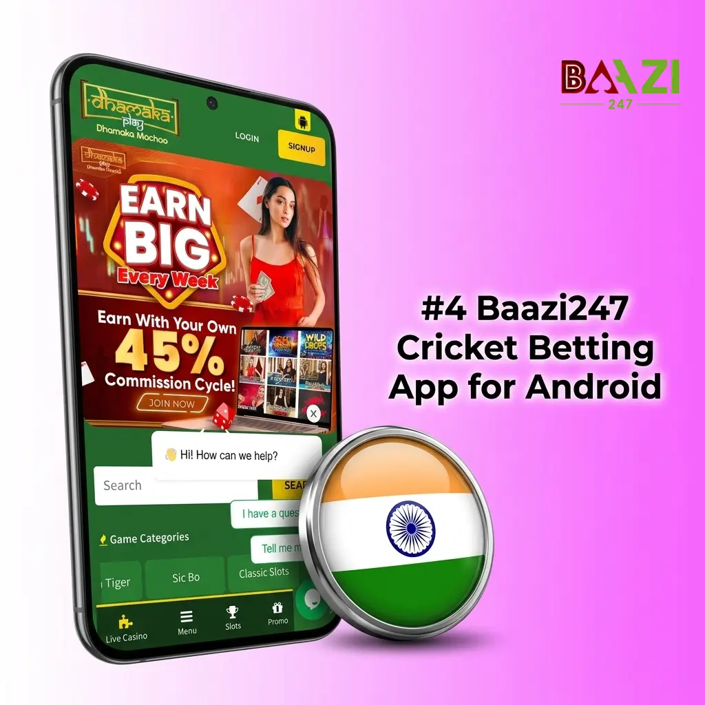 Baazi247 cricket betting Android app interface showing IPL and ICC tournament lobbies with Google Pay deposit feature