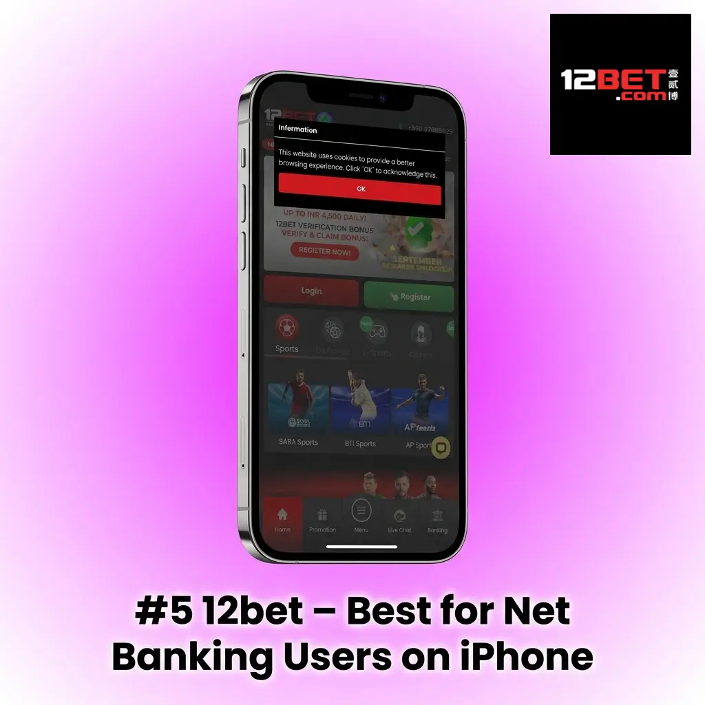 12bet app interface on iPhone showing Net Banking integration and 88% welcome bonus up to 8,000 INR for Indian users