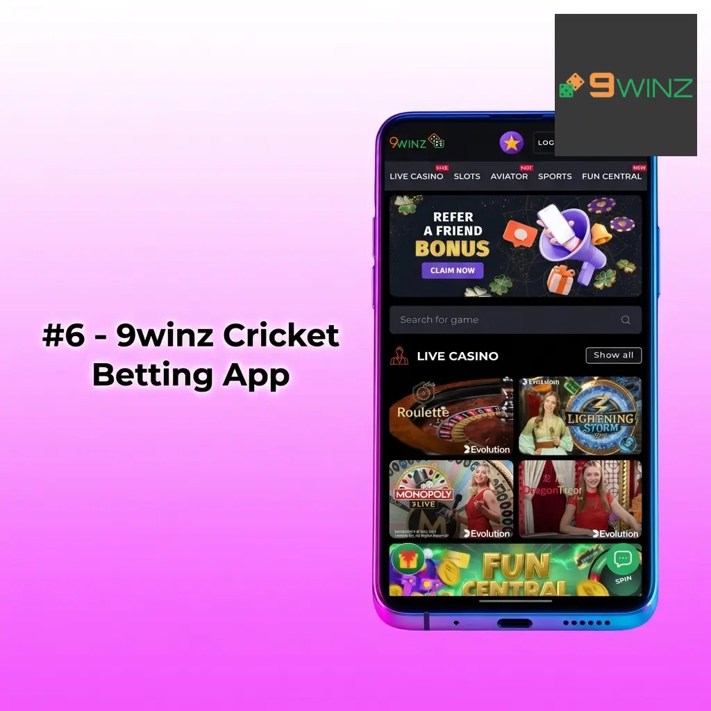 9winz cricket betting app interface showing 450% welcome bonus up to 150,000 INR with GPay integration