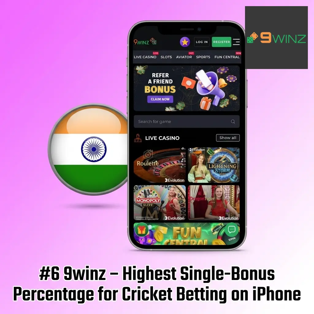 9winz PWA on iPhone showing 450% welcome bonus cricket betting lobby with IPL and BBL markets