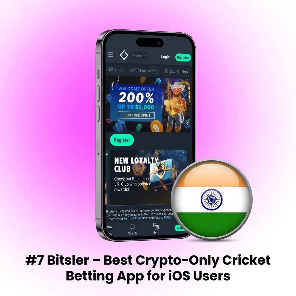 Bitsler crypto-only cricket betting PWA on iPhone showing Bitcoin Ethereum deposit options and IPL cricket markets