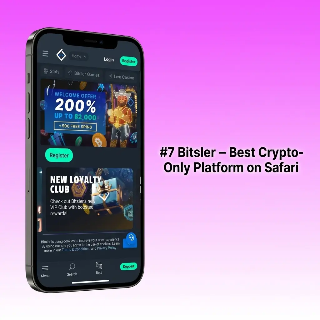 Bitsler crypto sportsbook Safari PWA on iPhone showing Bitcoin and Ethereum betting with 100% FTD bonus up to 700 USD