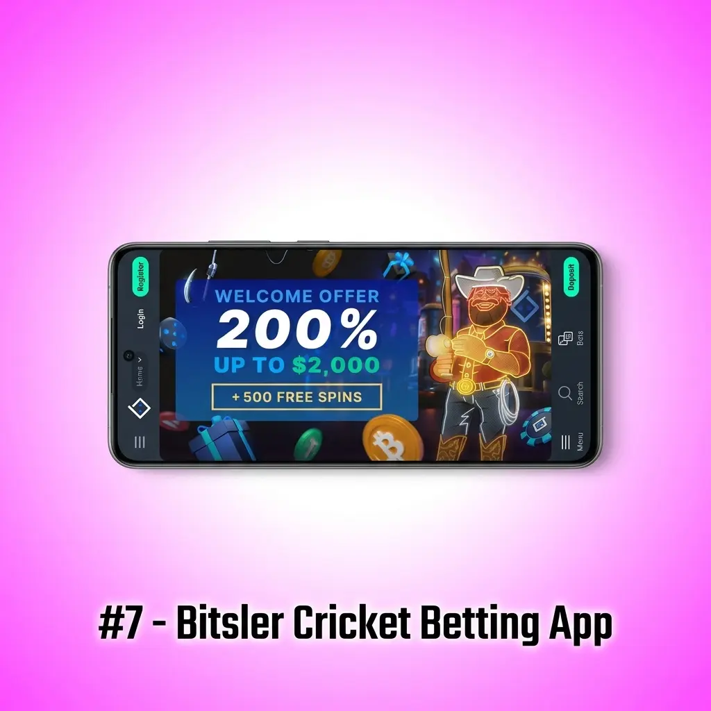 Bitsler cricket betting app interface showing crypto deposit options and 100% FTD bonus up to 700 USD for Indian bettors