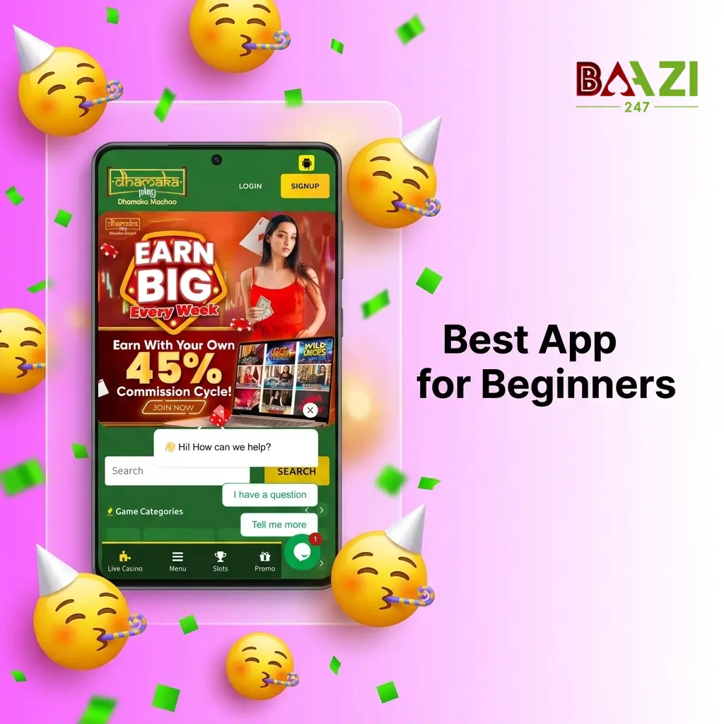 Baazi247 app interface in Hindi for beginners with easy APK install and 100 INR minimum deposit via PhonePe