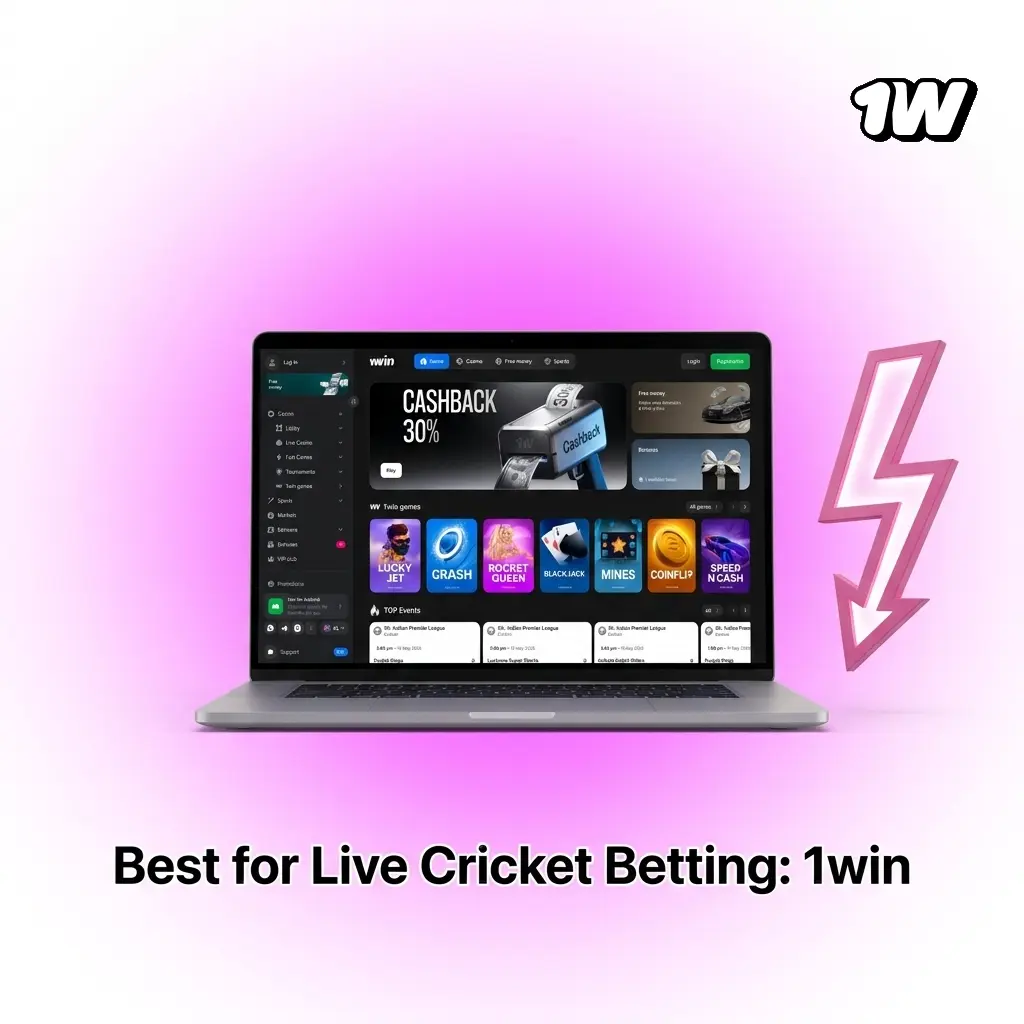 1win live cricket betting interface showing IPL in-play markets with real-time odds and UPI payment integration